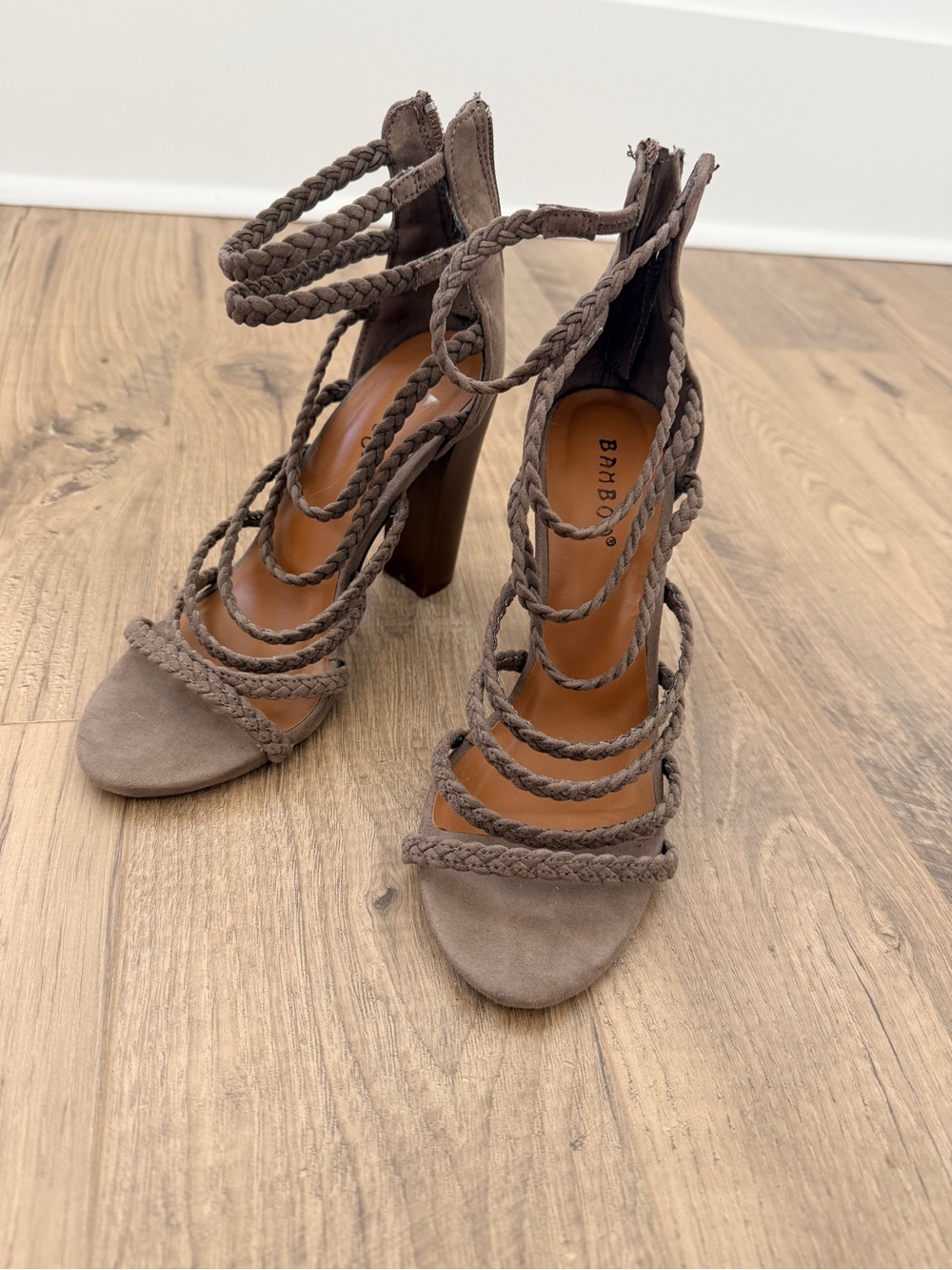 BAMBOO Braided Taupe Block Heel Sandals